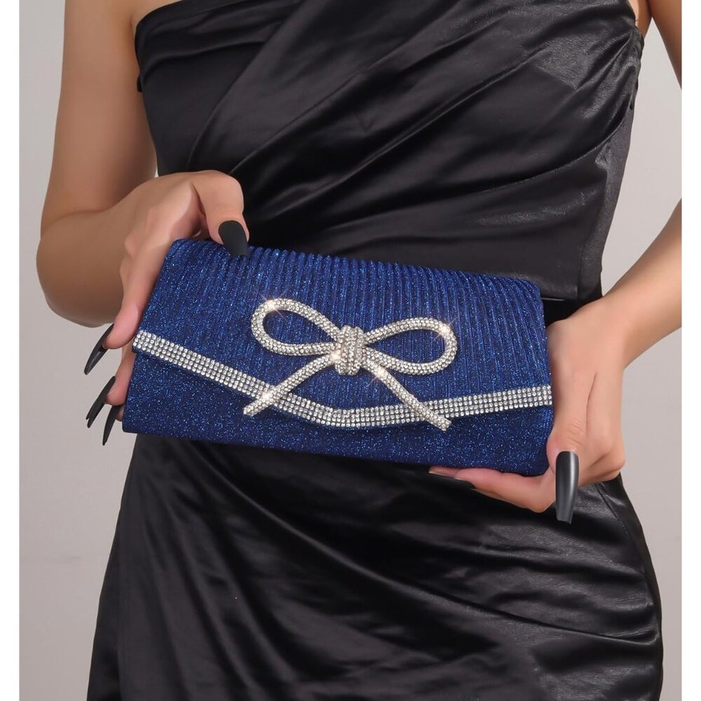 ⚡‎ Women's Blue Bow Sparkly Glitter Evening Rhinestone Party Prom Clutch Bag
